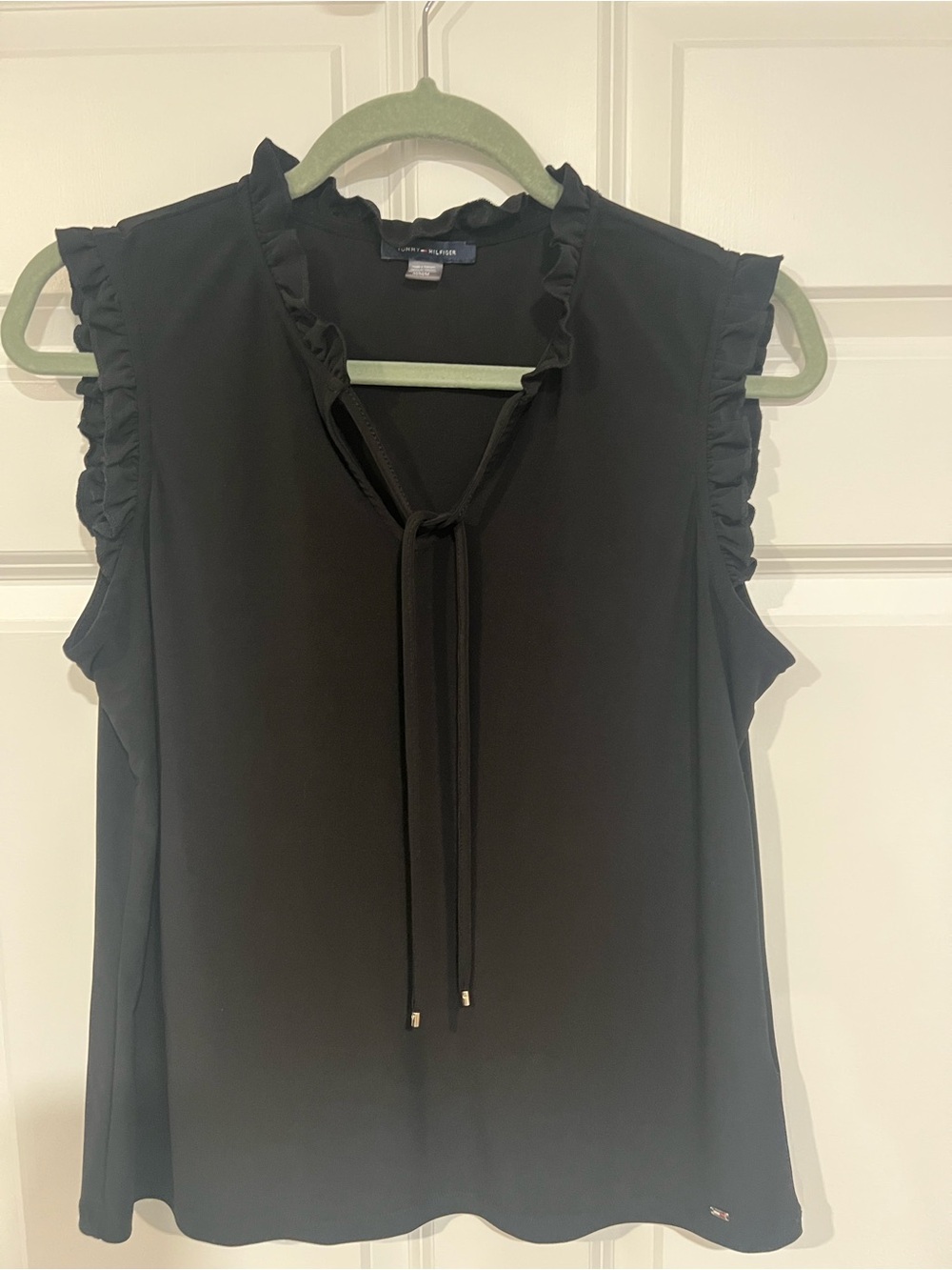 Tommy Hilfiger Black Sleeveless Ruffle Tie-Neck Blouse